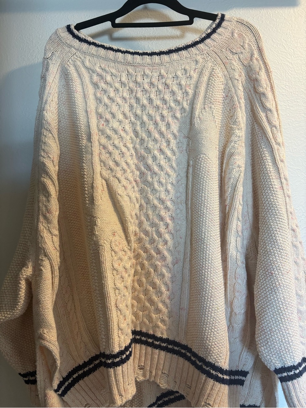 Pilcro Cream Cable-Knit Off-the-Shoulder Sweater with Navy Trim